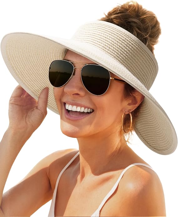 FURTALK Womens Sun Hat with Ponytail Hole Wide Brim Beach Straw Visor | Foldable & Packable for Beach Vacations, Adjustable Fit for Messy Buns, Detachable Windproof Strap, Sweat-Wicking Inner Band