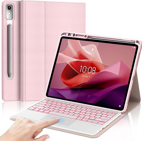 Touchpad Keyboard Case for Lenovo Idea Tab Pro 12.7 inch Tablet 2024/2025, 7 Colors Backlit, Detachable Bluetooth Wireless Trackpad Keyboard Slim PU Stand Cover with Pencil Holder, Pink