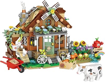 Farm Model Block Building Set, 899Pcs Farmer House Toy Set with Cow, Rabbit, Pumpkin, Sunflower and Scarecrow, Farm House Building Bricks Toy Set, Farmhouse Toy for Boys and Girls