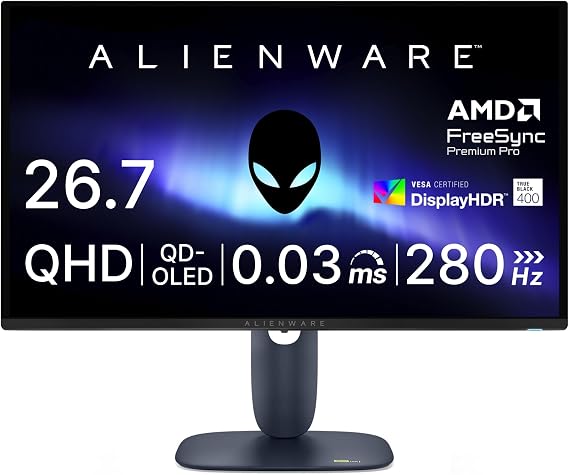 Dell AW2725D 26.7-inch OLED Alienware Gaming Monitor Non-glare /QHD/QD-OLED, Anti-reflective/DP 1.4 x 1, HDMI x 2/DCI-P3 99.3% / Vertical and horizontal rotation, height adjustment