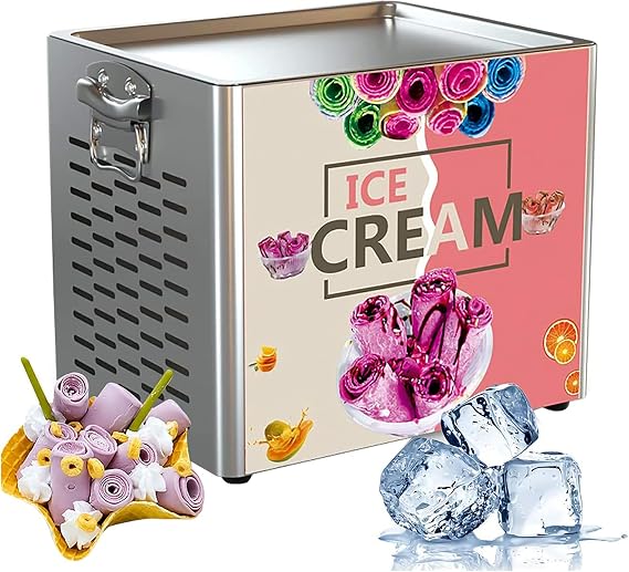 Commercial Rolled Ice Cream Machine, Stir-Fried Ice Cream Roll Machine with Single Square Pan, Stainless Steel Stir-Fried Ice Cream Roll Maker, Yogurt Cream Machine for Bars Cafe Dessert Shops