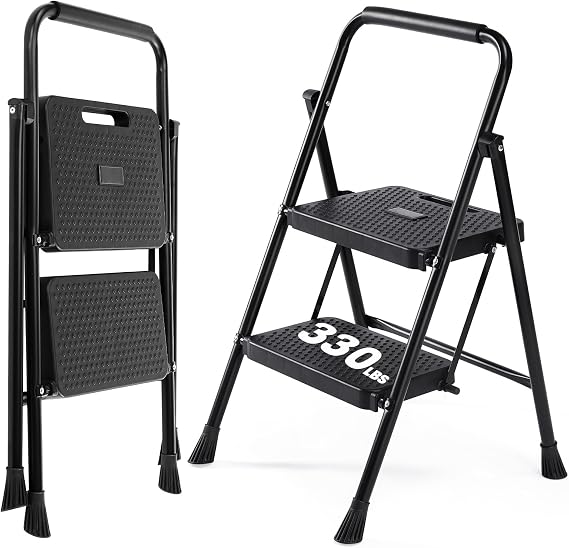 DUMOS Step Ladder, 2 Sturdy Step Stool with Anti-Slip Pedal & Comfortable Handrail, Portable Heavy Duty Step Stool for Kitchen, Garage & Outdoor Use, 330lbs, Black