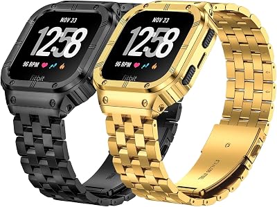 SUPLINK Stainless Steel Case & Band Compatible with Fitbit Versa 432LiteSense 2Sense Watch Bands, Men, Protector Cover Strap, Black&Gold