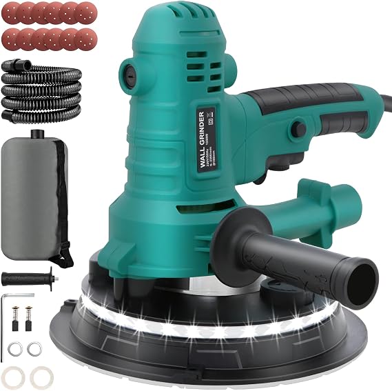 800W Electric Drywall Sander with Vacuum, Variable Speed 1200-2300RPM Wall Sander, LED Lights | Dust Bag and Hose|12 Pcs Sanding Discs