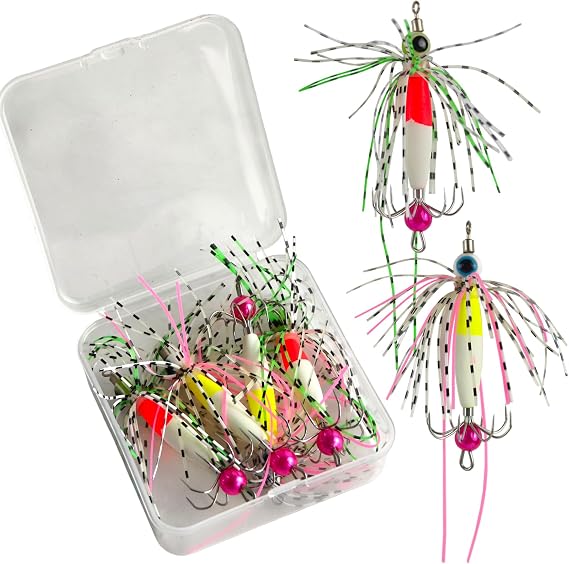 4/10Pcs Squid Jig Hooks Kit Saltwater Glow Squid Jigs Fluoresent Cuttlefish Sleeve Fishing Jigs Octopus Lure Glow in Dark with Tackle Box