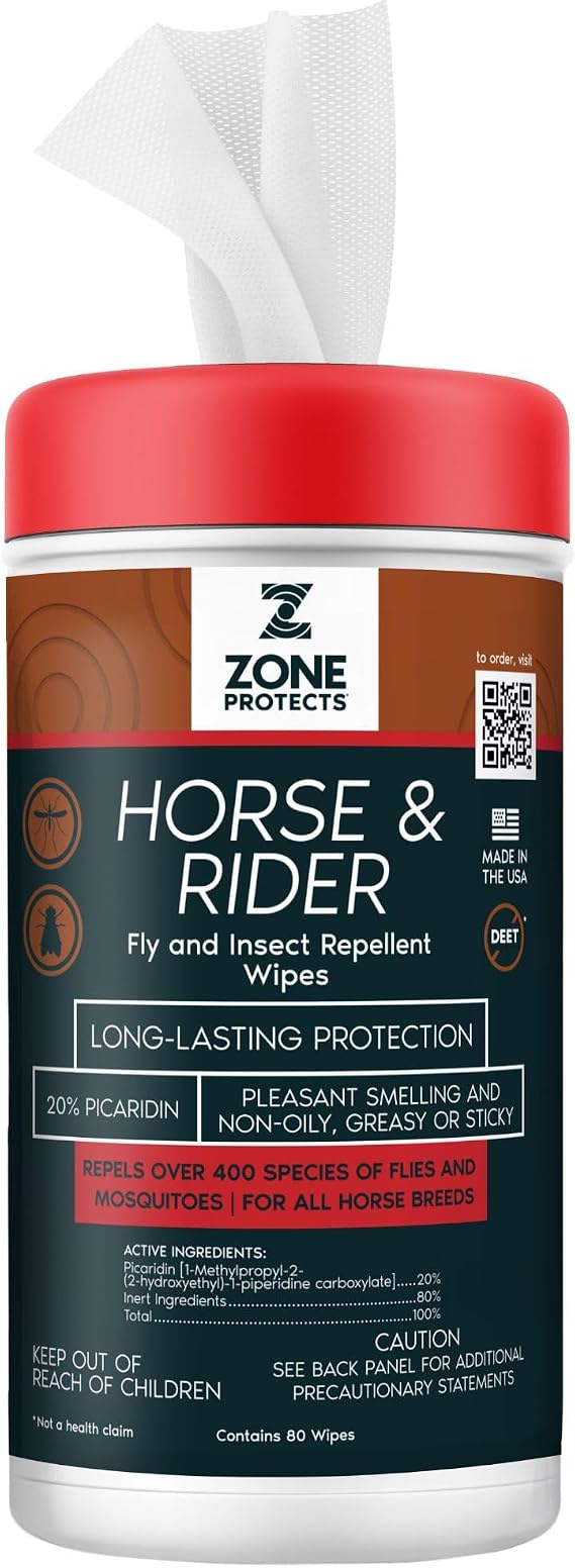 Horse & Rider Fly Insect Repellent Wipes; Picaridin Based, 80-Count; 12-Hr Protection for Your Horse's Face and Ears from 400 Species of Flies; Vanilla Scented