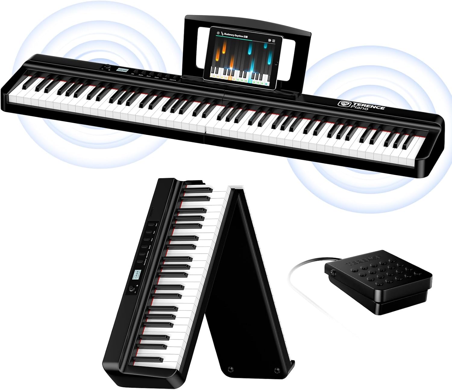 terence e piano 88 keys digital piano foldable keyboard piano with 2 x 25 w speakers 2000 mah battery sustained pedal music stand midi usb bluetooth support headphone jack audio cable