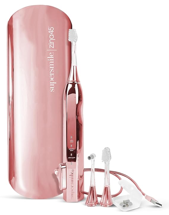 Supersmile Zina45 Deluxe Sonic Pulse Toothbrush, Rose Gold, Rechargeable | Patented 45 Angled Head, Polishing Head + Travel Case Included, 5 Speed Modes, Whitens Below Gumline, USB Charging