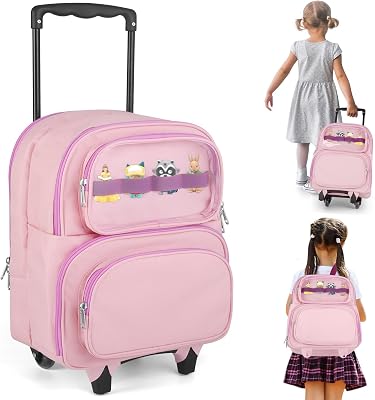 2-in-1 Rolling Backpack for Toniebox 1&2, Pink Travel Carrying Case for Girls with Wheels Organizer Storage Bag, Holds for Toniebox, 30 Tonies Characters, Headphones & Charger