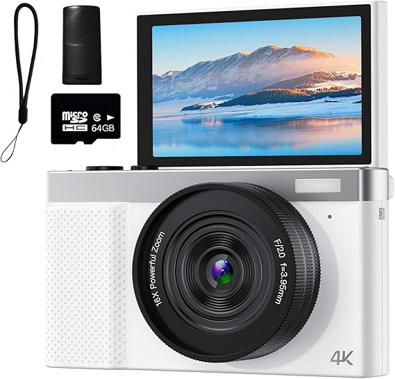 4K Digital Camera, 64MP Vlogging Camera for Photography with 3" 180 Flip Screen, 16X Compact Digital Camera with 64GB Micro SD Card for Beginner (White)