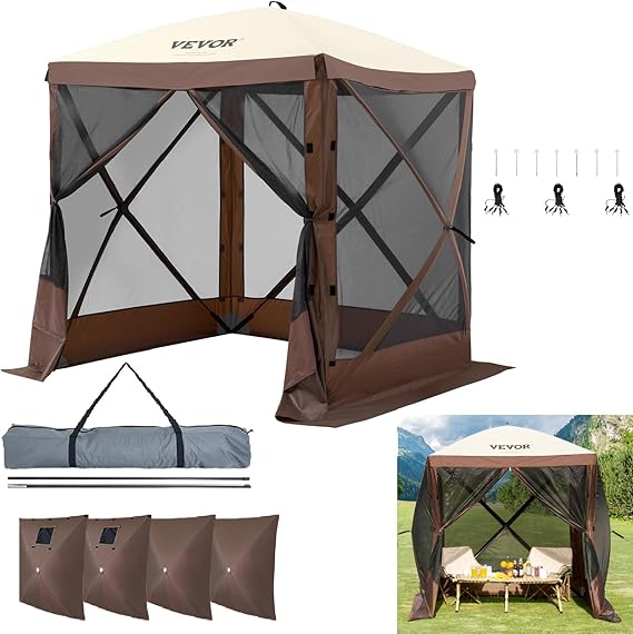 VEVOR Pop Up Gazebo Tent, 6 x 6 ft 4-Sided Screen Shelter with Mosquito Netting, Mesh Windows and 4 Removable Privacy Wind Panels, Brown