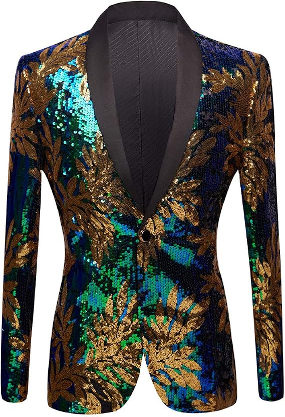 Men Green Blue Gold Leaves Pattern Sequins Blazer
