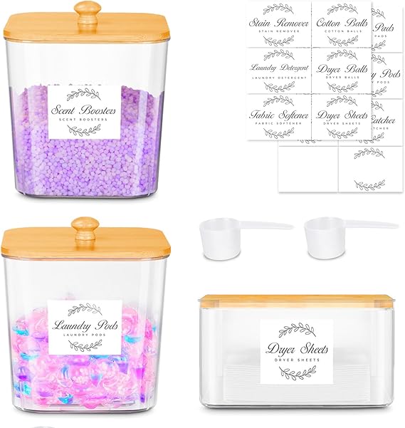 2+1 Pack Laundry Pods Container and Dryer Sheet Holder Set with Bamboo Lid and 16 Labels, Laundry Containers, Clear Laundry Room Organization Containers for Washing Pods, Powder, Scent Booster