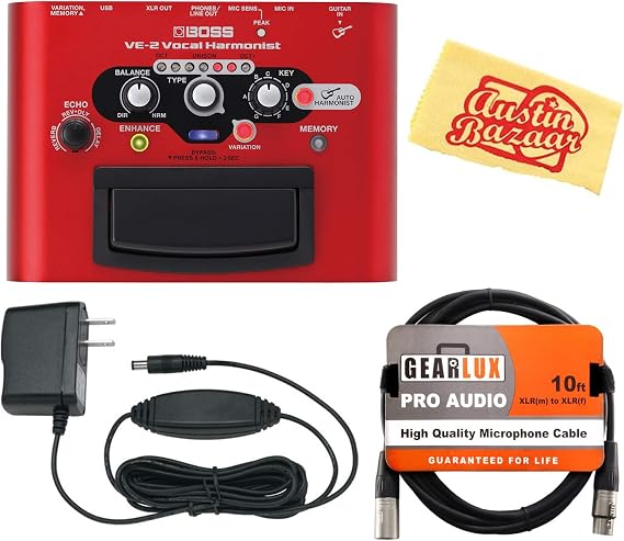 BOSS VE-2 Vocal Harmonist Bundle with Gearlux Power Supply, XLR Cable, and Austin Bazaar Polishing Cloth