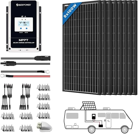 Monocrystalline Solar Panels Kit with LCD Charge Controller/Mounting Brackets/Y Connectors/Solar Cables/Cable Entry housing (800W MPPT60A Kit), 8x100W (Pack of 1)