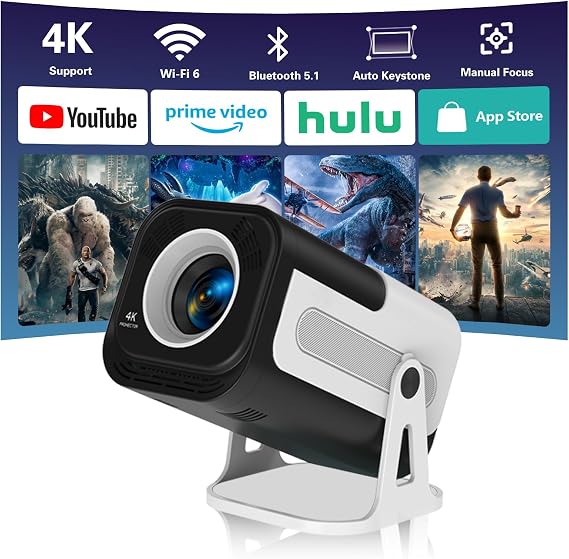 Mini Projector with WiFi 6 and Bluetooth 5.1, Portable Projector 4K Support
