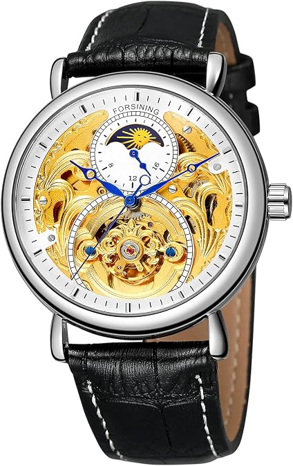 FORSINING Men Automatic Watches Tourbillon Skeleton Watch Moon Phase Wrist Watch Black Leather Strap
