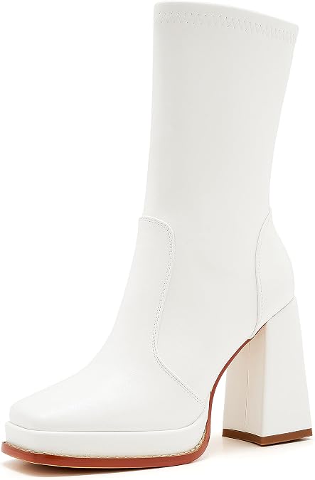 ZXHYZLZ Platform Boots For Women 70S Gogo Boots Chunky Heel Mid-Calf Zipper Square Toe Heeled Booties