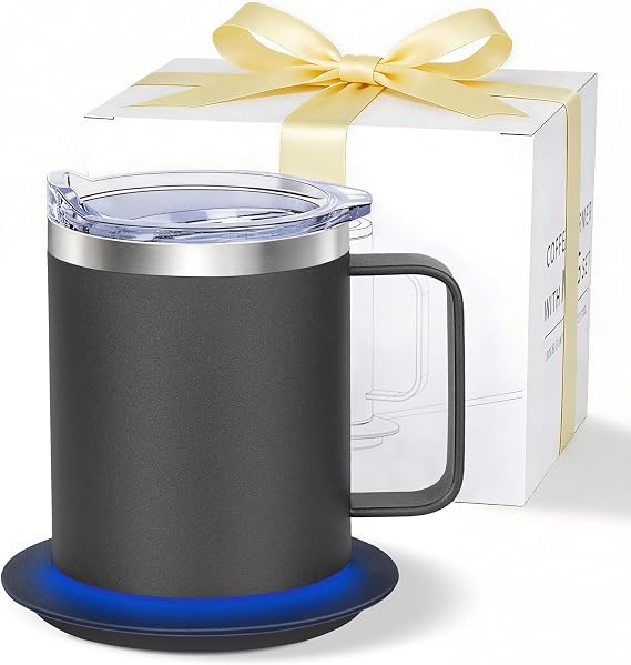 Coffee Warmer with Mug Set, USB Powered Heated Cup with 10H Auto Shut-Off, 131F Self Heating Coffee Mug for Desk (Black-12oz)
