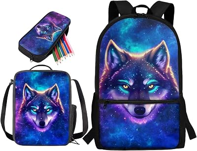 3D Wolf Printed Backpacks for Boys Teens, Sturdy 3 Pcs School Backpack Set with Lunch Holder Pencil Pouch, Lightweight School Bag Bookbag Set for Kids Back to School