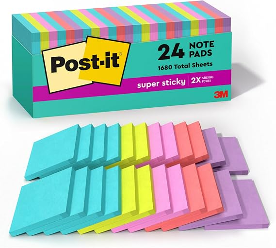 Post-it Süper Yapışkan Notlar, 24 Not Defteri, 3x3 inç, 2 x Yapıştırma Gücü, Okul Malzemeleri ve Ofis Ürünleri, Dikey Yüzeyler için Yapışkan Notlar, Monitörler, Duvarlar ve Pencereler, Süpernova Neons