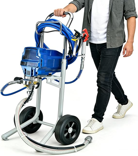 Stand Airless Paint Sprayer, 1800W, 3300PSI High Pressure Airless Sprayer with Wheels, 5m Hose, Max Flow 2L/min, Adjustable Pressure