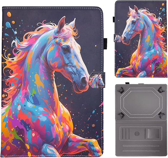 PU Leather Tab Case for Universal 10-11" Vibrant Colors & Stylish Patterns, Cover Protection, Stand, for DOOGEE Blackview Tablet 10, Colored Horse
