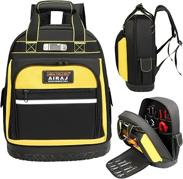 AIRAJ Heavy Duty Tool Backpack,17 Inch Tool Bag Backpack with Waterproof Molded Hard Base,Durable Tool Bag with Reinforced Stitching,Waist-Support,Work backpack for Industrial,Electrician,Construction