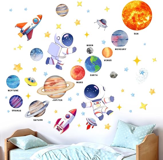 Outer Space Wall Stickers for Kids: Peel and Stick Astronaut Planets Rocket Wall Decals - Wall Decor Art Kids Supplies Ages 1-12 Year