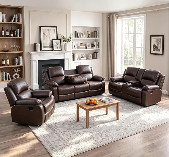 Leather Recliner Sofa Set,Leather Reclining Couch for Living Room Furniture Sets,Brown Recliner Couch with 5 Recliners for Living Room/Office/Theater Seating(Sofa Set 3 Pieces)