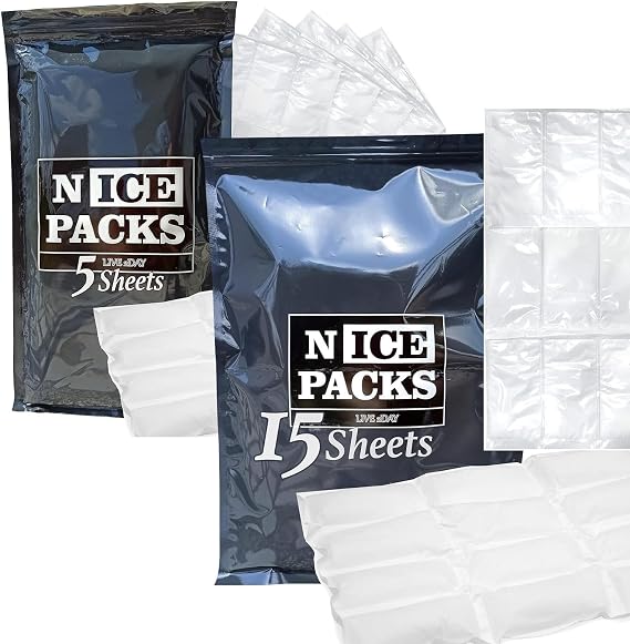 Nice Packs Dry Ice for Coolers Lunch Box Ice Packs Dry Ice for Shipping Frozen Food Ice Packs for Kids Lunch Bags Reusable Ice Pack 180 Packs-15 Extra Large with 60 Packs - 5 Extra Large Sheets