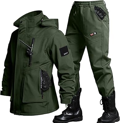 Mens Fleece Lined Tactical Suit, Waterproof Jacket and Pant Set Detachable Hoodie for Hunting Hiking Fishing