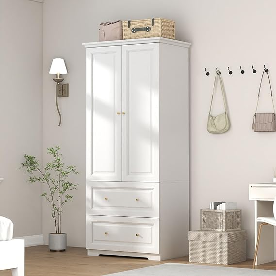 White Wardrobe with 2 Drawers and 2 Doors, 74" Tall x 32" Wide