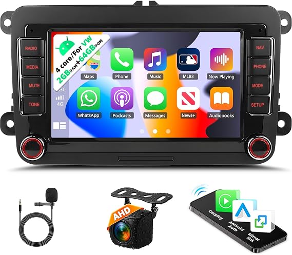 2G+64G Android 15 2 Din Car Stereo for VW Golf 5 MK5 MK6 Passat B6 Polo with Wireless Carplay Android Auto, GPS Navi WiFi 7 Inch Touch Screen Bluetooth Car Radio FM/RDS + Reverse Camera Mic