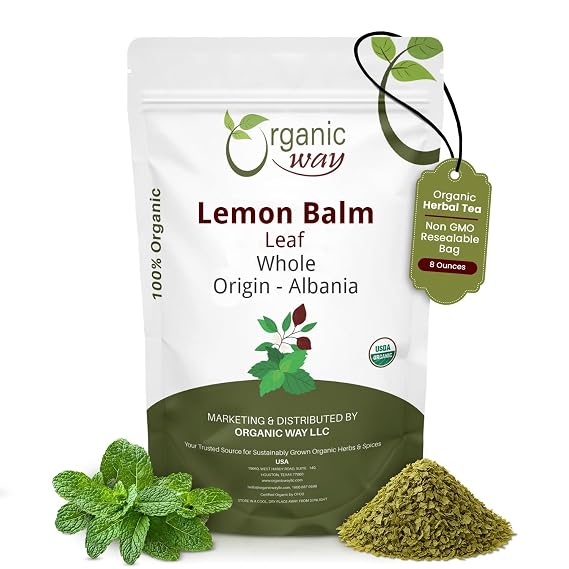 Organic Way Lemon Balm Leaf Whole (Melissa officinalis) - Herbal Tea | Organic & Kosher Certified | Vegan | Raw, Non GMO & Gluten Free | USDA Certified | Origin - Albania (1/2LBS / 8Oz)