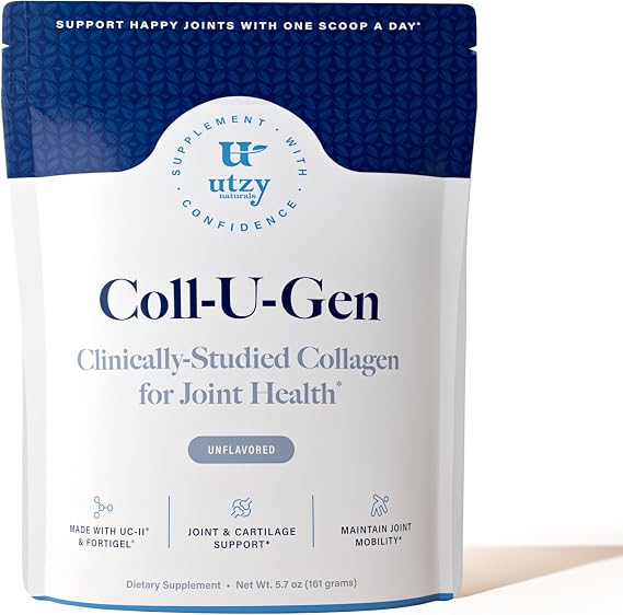 Utzy Naturals UC-II + Fortigel Hydrolyzed Collagen Peptides Joint Support Powder, Two Clinically Studied Collagen Forms in One Scoop, Unflavored, Dissolves in Coffee - 30 Servings - Coll-U-Gen