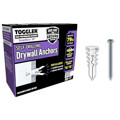 TOGGLER SnapSkru SP Self-Drilling Drywall Anchor for Hollow Wall Application, Glass-Filled Nylon, Made in US, for #6 to #10 Fastener Sizes 50 Pack wScrews