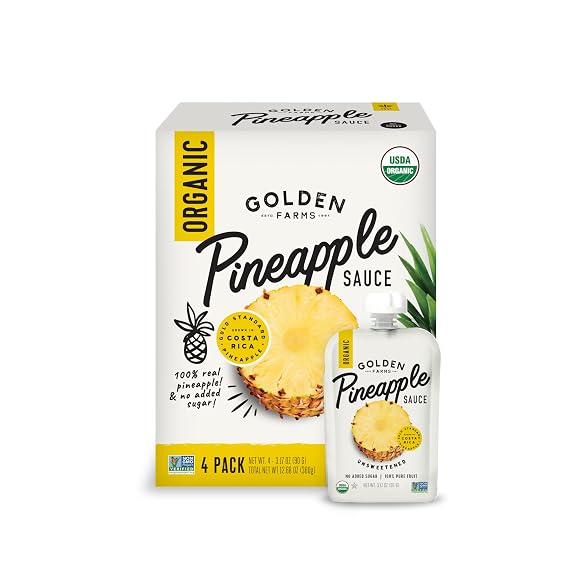 Golden Farms Pineapple Pouches, Single Ingredient Healthy Snacks (Pack of 4), 100% Pure Fruit, No Added Sugar, Vegan, Gluten-Free, Kosher, Organic Squeeze Pouch 3.17oz Each...