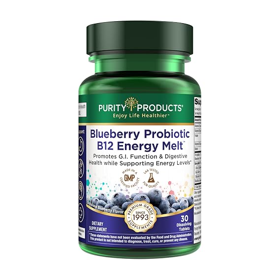 Purity Products Blueberry Probiotic B12 Energy Melt Clinical Probiotic - Organic Blueberries, Methylcobalamin B-12-30 Melts