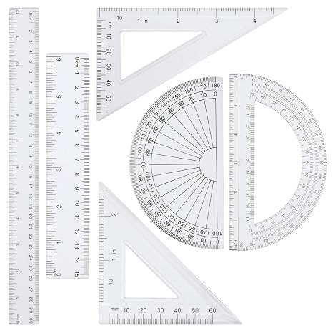 6pcs Geometry Set With 15cm/30cm Clear Ruler, Protractor, Inches & Metric for School, Classroom and Office - Math Secondary School Must Haves