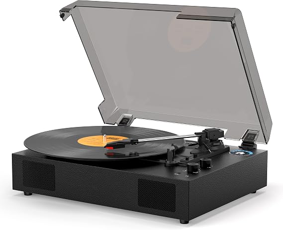 Vinyl Records Player, Vintage Record Player with Bluetooth Playback, 3-Speed Turntables LP Player, Built-in Stereo Speakers, Headphone Jack, AUX, RCA Line Out, BassTreble Control, Auto Off