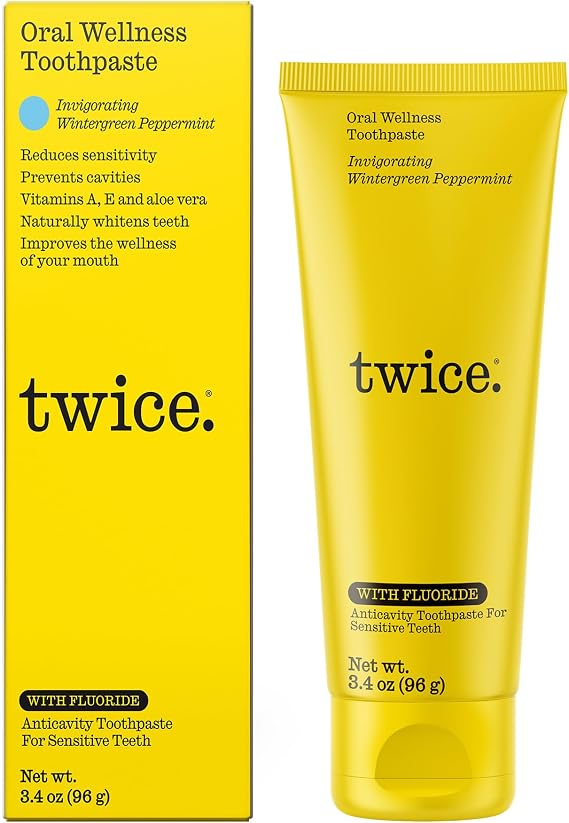 Twice Anti-Cavity Fluoride Toothpaste Sensitivity Relief, Teeth Whitening & Fresh Breath Wintergreen Peppermint Natural Toothpaste 3.4 oz
