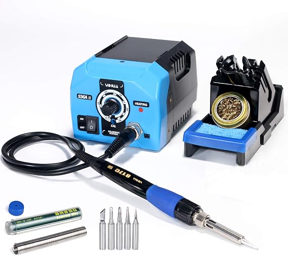 YIHUA 936A II Soldering Iron Station Kit, 65W with Intelligent Working Light. Easily Adjustable from 392F~896F. With Plug-in Iron Handle, a Solder Iron Stand, Solder Wire & 5 extra Solder Tips.
