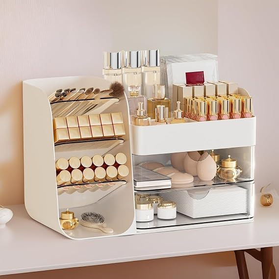 Large Makeup Organiser with Drawers, Cosmetics Organiser for Skincare Beauty, Make Up Organiser Storage Box with Cover, Multi-Layer Skincare Organiser for Vanity, Bathroom & Dressing Table