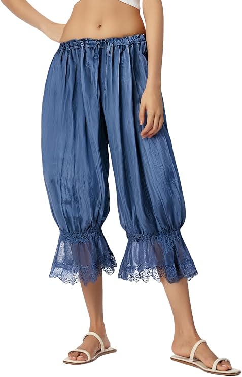 Women Lace Trim Long Bloomers Y2k Ruffle Pettipants Pantaloons Cropped Slip Pants Pajama Bottoms