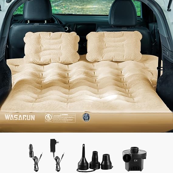 WASAGUN SUV Air Mattress with Electric Air Pump, Inflatable Thickened Car Air Bed with 2 Pillows, Portable Sleeping Pad Mattress for Car Camping Home Travel, Brown