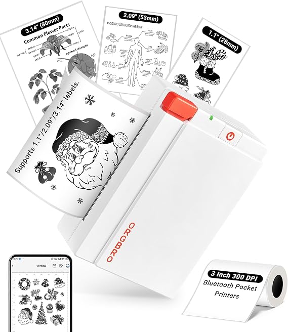 ORGBRO X3 Sticker Printer Mini Bluetooth Thermal Portable Label Maker | Sticker Maker with 1 Roll Thermal Paper, Suitable for Study Notes Photos, 300DPI Compatible with Phone