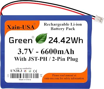 18650 3.7V 6600mAh 1S3P Rechargeable Li-ion Battery Pack, JST-PH2.0 2-pin Connector / Compatible with Simplehuman Mirrors ST3026, ST3027, ST3028, BT1080/ Arduino Projects/ Rak LoRa Board/ 2GIG Panel.