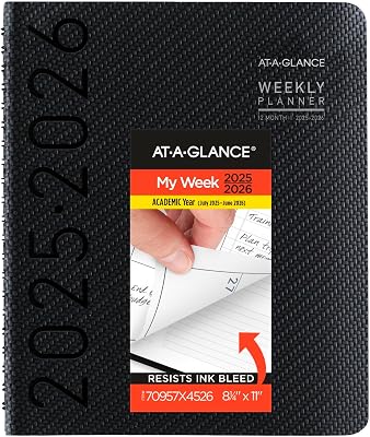 AT-A-GLANCE Planner 2025-2026 Academic, Weekly & Monthly, Half-Hourly Appointment Book, 8-14 x 11, Large, Monthly Tabs, Flexible Cover, Contempo, Charcoal 70957X45