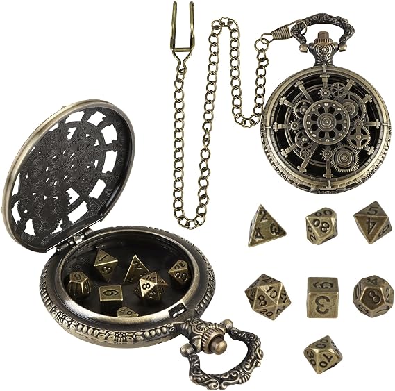 7Pcs Mini DND Dice Set with Steampunk Pocket Watch Shell Case Polyhedral